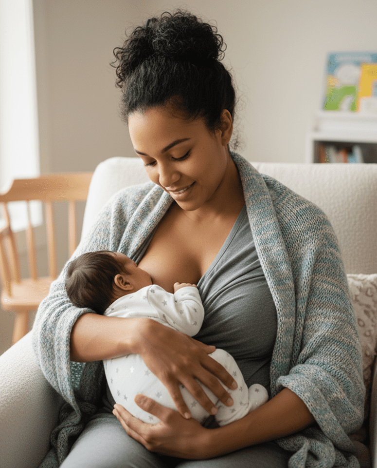 Mother lovingly breastfeeding her newborn at home.