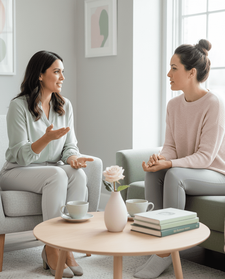 Two women having a friendly conversation in a cozy living room.