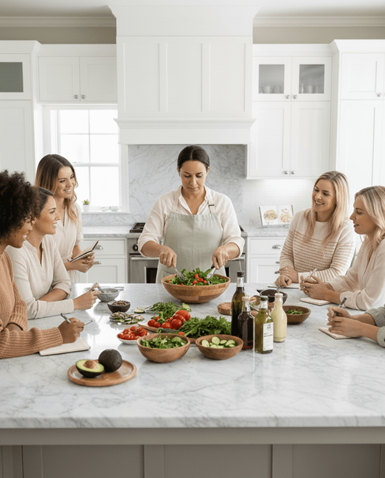 A group of women enjoying a cooking class together in a bright kitchen.