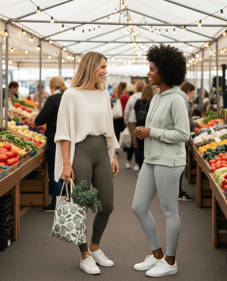 Two women chatting at a lively outdoor market.