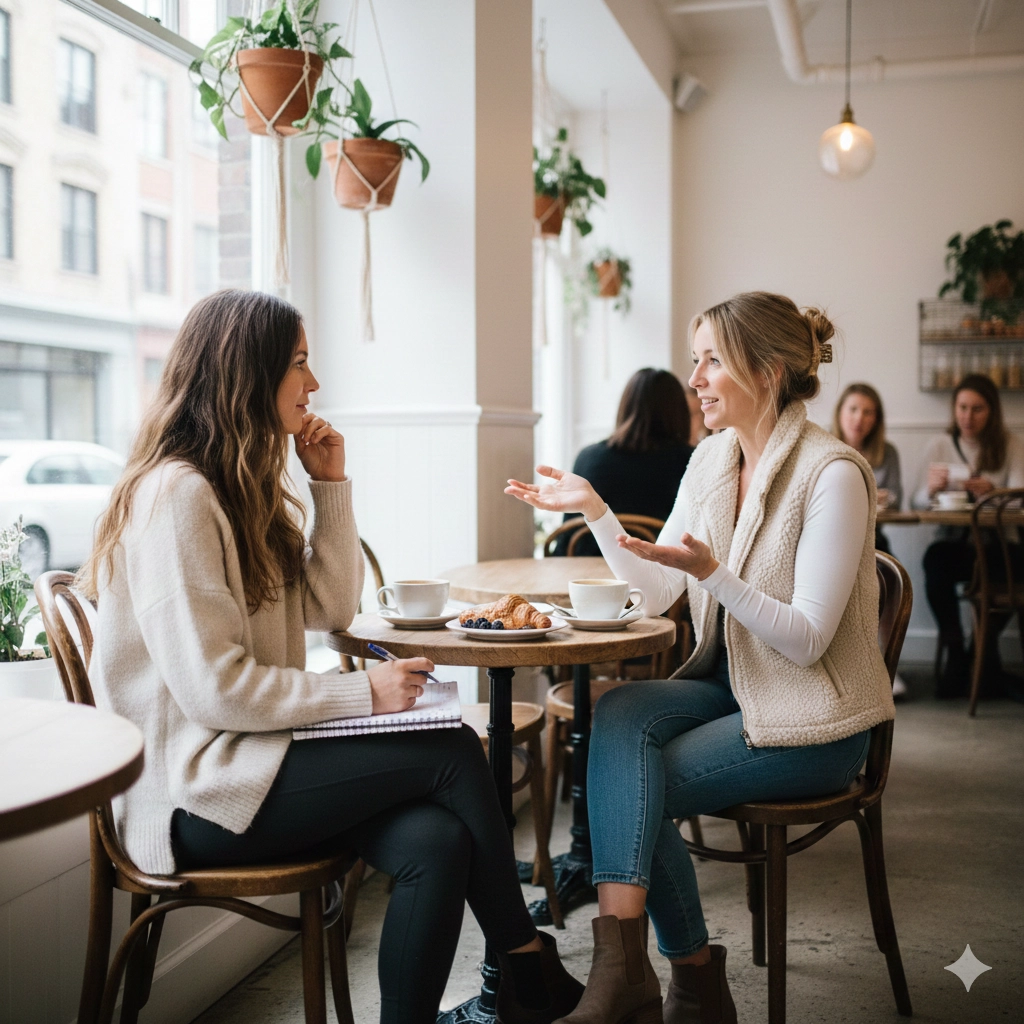 Two women chatting over coffee in a cozy café by the window.