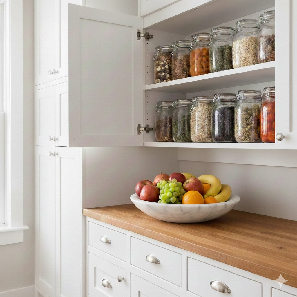 Open kitchen cabinets with jars and a fruit bowl on the counter.