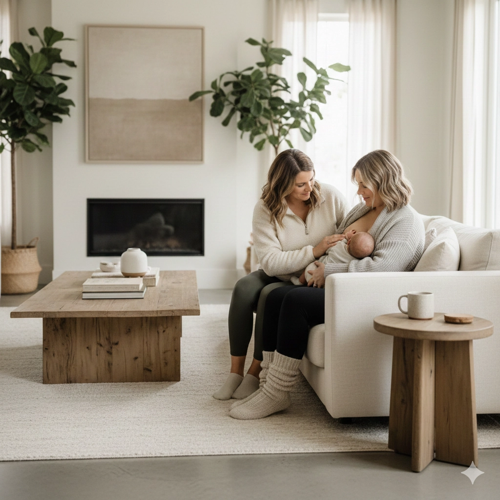Two women sitting on a couch, engaged in a warm conversation in a cozy living room.