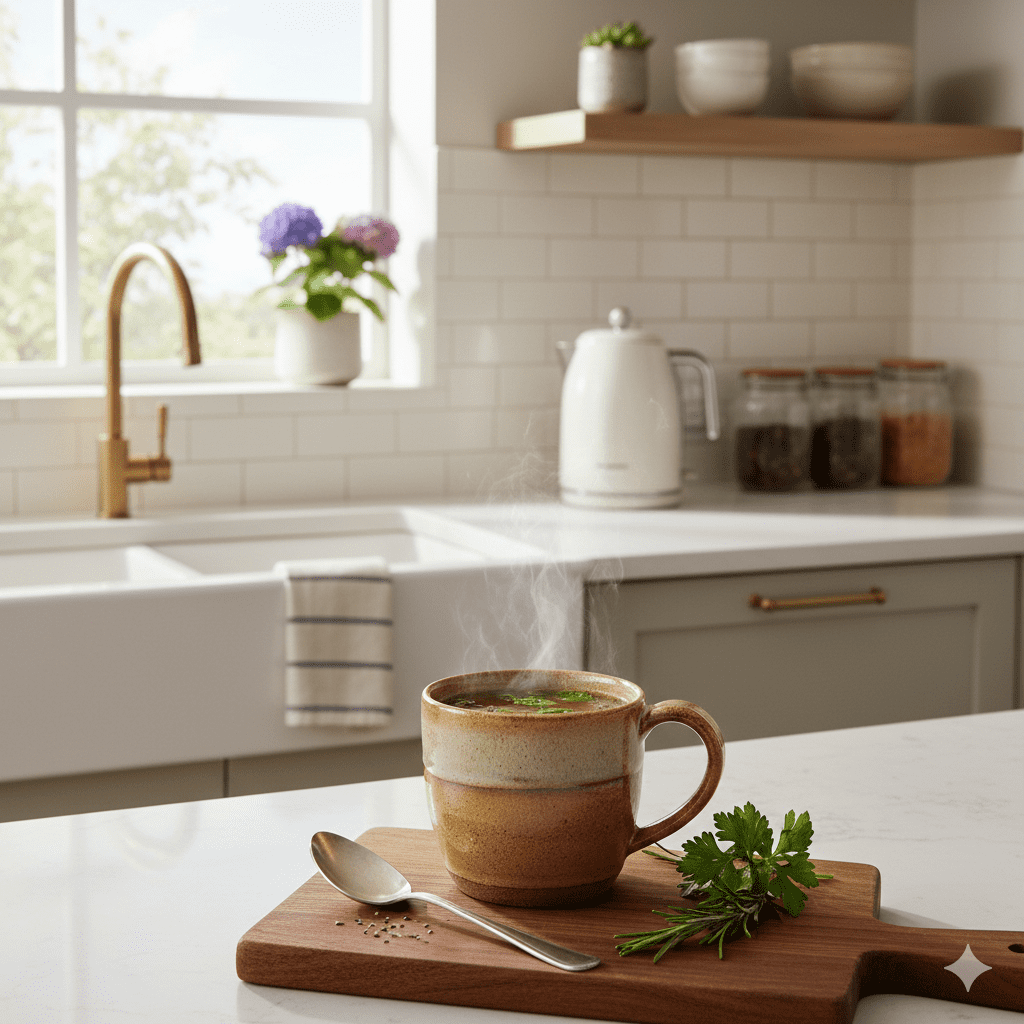Cozy kitchen scene with a cup of soup on a wooden board.